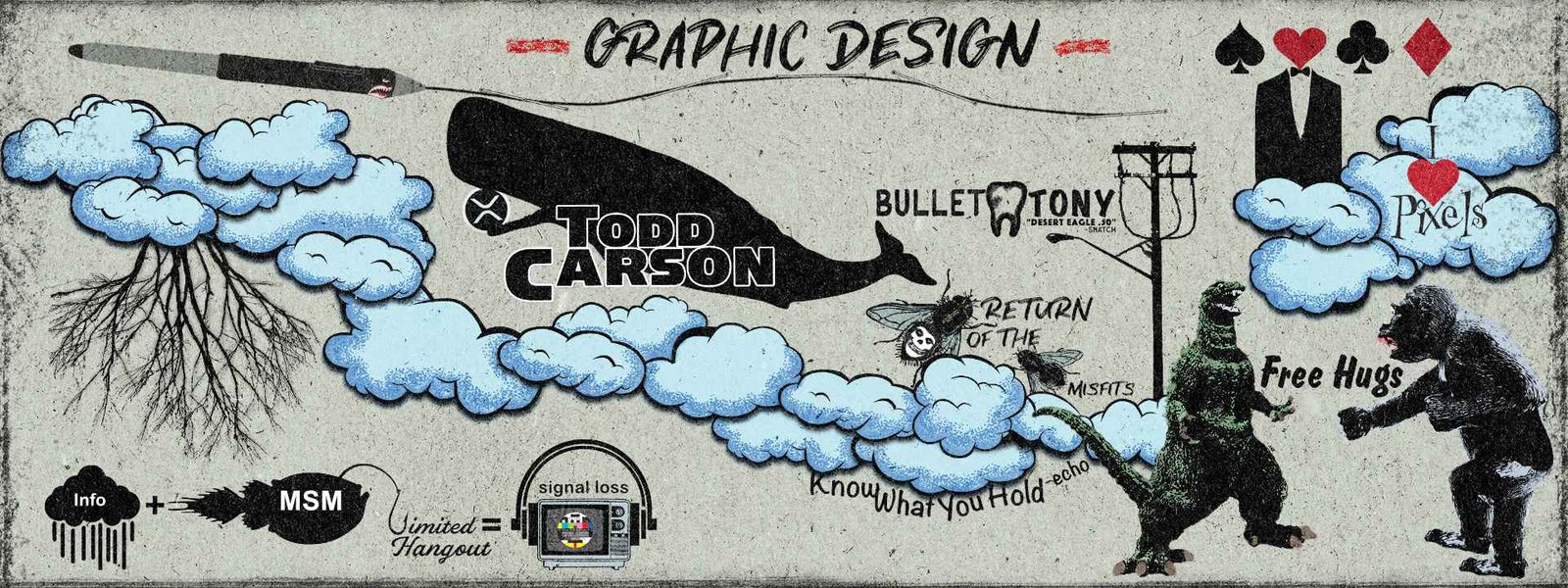 Todd Carson's Design Page Image 03 Todd Carson's Design Page. Image 03 displays graphic design to promote a unique style. The designs intention was to combined grunge elements such as logo, text, and characters to create a theme.